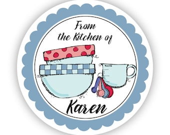 Kitchen Stickers - Blue, Red and Pink Doodle Cooking Bowls and Measuring Cup Personalized Baking Label Stickers - From the Kitchen of Labels