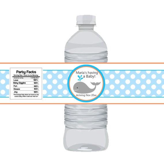 20 Customized Whale Water Bottle Labels Blue Chevron Sea Baby Shower//Birthday