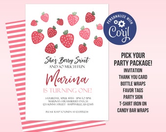 Strawberry Birthday Invitation Template - Pink Summer Picnic Fruit, Berry Sweet Berries Personalized Party Invite - Editable Party Package
