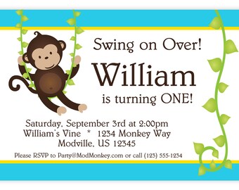 Mod Monkey Invitation - Blue and Yellow Stripes and Vine Boy Mod Monkey Personalized Birthday Party Invite - a Digital Printable File