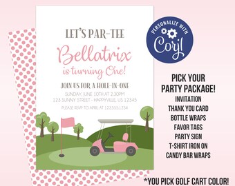 Golf Birthday Invitation Template - Preppy Pink Golf Cart, Simple Golfer Par Tee Time Personalized Party Invite - Editable Party Package