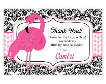 Flamingo Thank You Card -  Black Damask, Pink Polka Dots, Pink Flamingo Personalized Birthday Party Thank You - a Digital Printable File