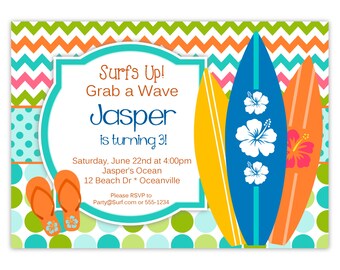 Surf Invitation - Turquoise, Lime and Orange Chevron and Polka Dots, Surfboards Personalized Birthday Party Invite - Digital Printable File