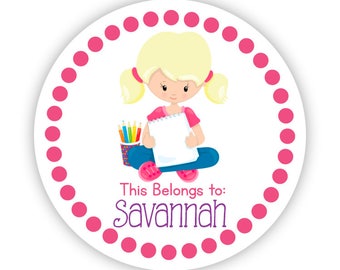 Art Personalized Kids Stickers - Pink Girl Artist, Purple Drawing Art Name Tag, Girl Artist Name Label Stickers - Back to School Name Labels