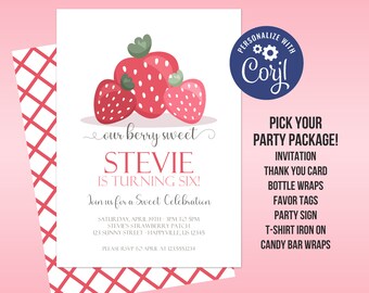 Strawberry Birthday Invitation Template - Sweet Summer Picnic Fruit, Berry Sweet Berries Personalized Party Invite - Editable Party Package