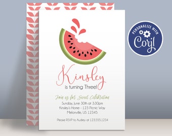 Watermelon Birthday Party Invitation Template - Sweet Summer Picnic Fruit, Watermelon Personalized Party Invite - Editable Party Package