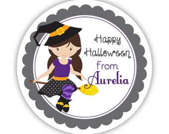 Halloween Stickers - Purple Black Gray, Cute October Halloween Girl Witch Broom Personalized Birthday Party Stickers - Round Sticker Labels