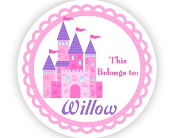 Name Label Stickers - Little Pink Purple Fairytale Princess Castle Personalized Name Tag Sticker - Round Tags - Back to School Name Labels