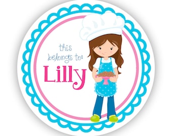Name Label Stickers - Blue Pink Baker Girl, Cookie Baking Personalized Name Tag Sticker Labels, This Belongs To - Back to School Name Labels