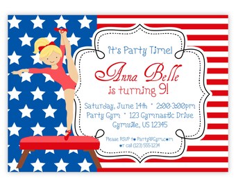 Gymnastic Invitation - Red White Blue, Stars and Stripes, Cute Girl Gymnast Personalized Birthday Party Invite - a Digital Printable File