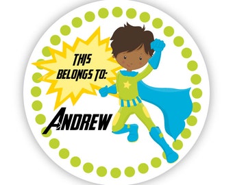 Name Label Stickers - Lime Green Polka Dot, Green Blue Super Hero, Boy Superhero Personalized Name Tag Stickers - Back to School Name Labels