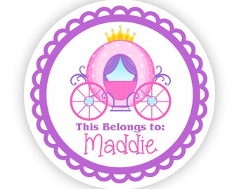 Personalized Name Tag Stickers - Purple Pink, Fairytale Princess Carriage Name Tag Stickers - 2 inch Round Tags - Back to School Name Labels