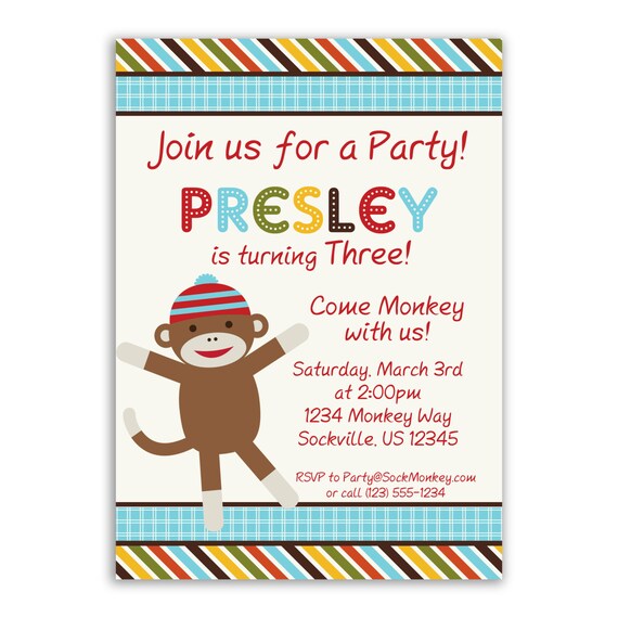 Sock Monkey Invitation Red Blue Turquoise Stripe Cute Etsy
