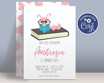 Bookworm Birthday Party Invitation Template - Little Reading Book Worm, Pink Worm Reader Personalized Party Invite - Editable Party Package