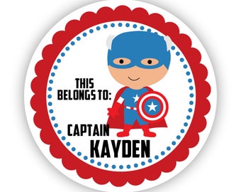 Personalized Name Label Stickers - Red, Blue Polka Dot, Captain Superhero Name Tag Stickers - This Belongs To - Back to School Name Labels