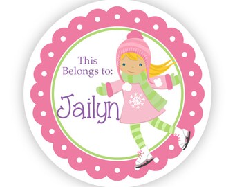 Name Tag Stickers - Pink and Lime Green Girl Ice Skater Personalized Name Label Tag Stickers - 2 inch Round Tags - Back to School Name Label