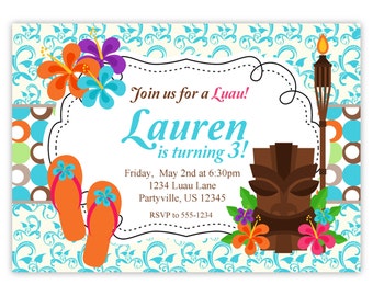 Luau Invitation - Turquoise Blue Damask, Hawaiian Flower and Grass Skirt Luau Personalized Birthday Party Invite - a Digital Printable File