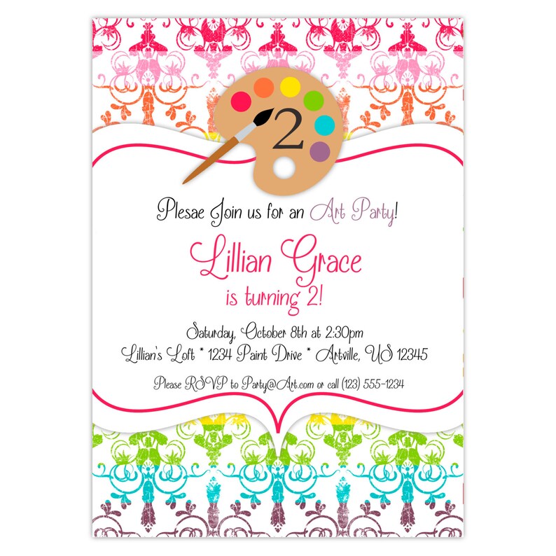 Art Party Invitation Rainbow Damask Elegant Little Artist Etsy