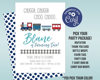 Train Birthday Invitation Template - Chugga Choo Two Train Engine, Train Cars Caboose Personalized Party Invite - Editable Party Package