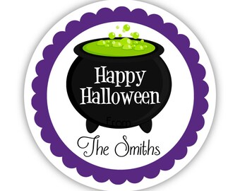 Halloween Stickers - Purple Black Green, Cute October Halloween Witch Cauldrin Personalized Birthday Party Stickers - Round Sticker Labels