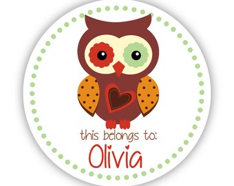 Personalized Name Labels - Green Polka Dots, Fall Heart Autumn Owl Name Tag Label Stickers - Round Sticker Tags - Back to School Name Labels