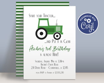 Farm Tractor Birthday Party Invitation Template - Green Tractor Farm Personalized Party Invite, You Pick Tractor - Editable Party Package