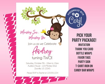 Monkey Birthday Party Invitation Template - Cute Little Pink Monkey, Zoo Jungle Animal Personalized Party Invite - Editable Party Package
