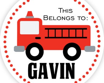 Name Tag Stickers - Red Polka Dots, Bright Red Fire Truck Personalized Name Label Stickers - 2 inch Round Tags - Back to School Name Labels