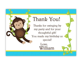 Mod Monkey Thank You Card - Blue and Yellow Stripes and Vine Boy Mod Monkey Personalized Birthday Party Thank You - a Digital Printable File