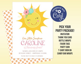 Sunshine Birthday Party Invitation Template - Sweet Happy Little Sun, You are my Sunshine Personalized Party Invite - Editable Party Package