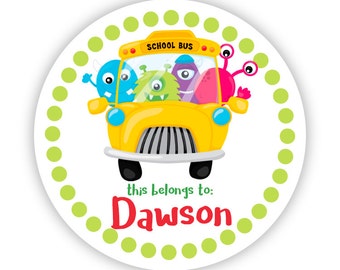Name Tag Stickers - Monster School Bus, Lime Polka Dot, School Monster Personalized Name Label Tag Stickers - Back to School Name Labels