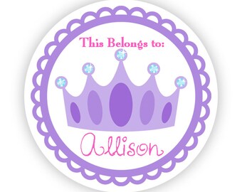 Name Label Stickers - Adorable Purple Fairytale Princess Crown Personalized Name Tag Label Sticker - Round Tags - Back to School Name Labels
