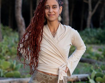 Cotton Hooded Wrap Blouse: Bell Sleeve Festival Hoodie