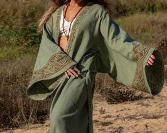 Yoga Cotton Kimono – Meditation Robe With Mantra Block Print, Ceremony & Festival Wear