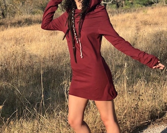 Boho Hooded Tunic – Stretch Cotton Cowl Neck Top, Fairycore Elven Long Sleeve Festival Clothing