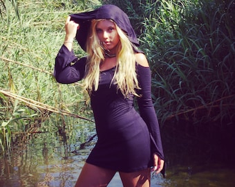 Gothic Hooded Mini Dress: Black Long Sleeve Steampunk Elven Faerie Clothing