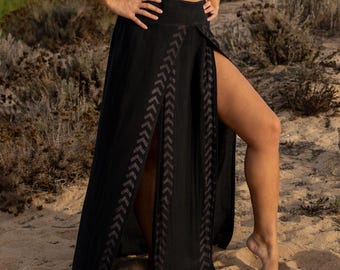 Katoenen maxirok met tribale print, boho-festivalrok met hoge split.