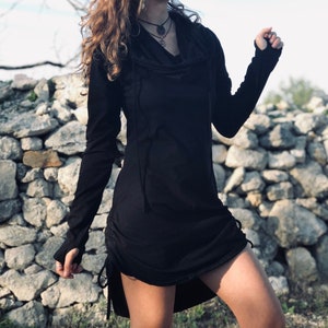 Vestido de manga larga con cuello vuelto/capucha, vestido de elfo, vestido túnica corto, vestido gótico, vestido con capucha rave, vestido con capucha de duendecillo, vestido convertible