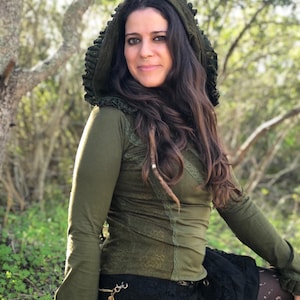 Sudadera de algodón estilo victoriano bohemio de manga larga con capucha, estilo steampunk, para festivales, de duendecillo, élfico y medieval.