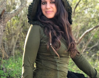 Cotton Boho Victorian Hood Full Sleeve Top, Steampunk Hoodie, Festival Hoodie, Pixie Hoodie, Elven Hoodie, Medieval Hood