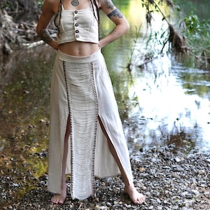 Double Slit Cotton Skirt – Boho Maxi Skirt With Tribal Woven Detail, High Slits & Elastic Waist, Handmade Festival Skirt