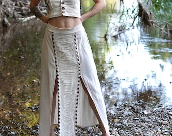 Boho Baumwoll-Maxirock: Tribal gewebtes Detail, hohe Schlitze, elastische Taille