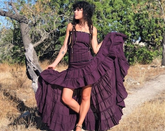 Baumwoll Flamenco Kleid, High Low Kleid, Prärie Kleid, asymmetrisches Kleid, Festival Kleid, Boho Maxi Kleid, Trägerloses Kleid, Steampunk Kleid