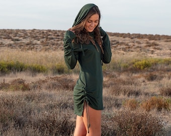 Elven Long Sleeve Cowl Neck, Bamboo, Elf Dress, Short Tunic Dress, Gothic Dress, Rave Hoodie Dress, Convertible Dress, Festival