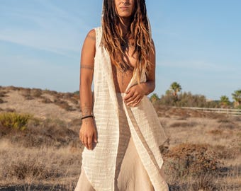 Asymmetric Hooded Vest – Earthy Fairycore Layering Vest With Large Hood, Boho Festival Clothing