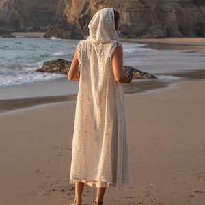 Gilet lungo trasparente con cappuccio – Copricostume boho in cotone, abbigliamento da fata