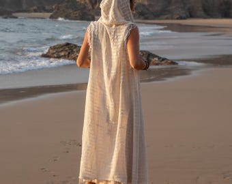 Sheer Hooded Long Vest – Cotton Boho Cover Up, Fairy Clothing