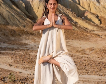 Raw Cotton Boho Jumpsuit: Wide Leg, Adjustable Straps
