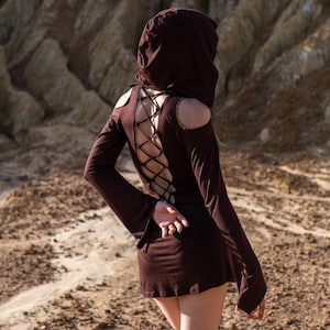 Fairy Pixie Hood-jurk, jurk zonder rug, bruine boho boho-jurk, elfenjurk, elfenjurk, festivalkleding, feeënhoodie, goa-top, boho