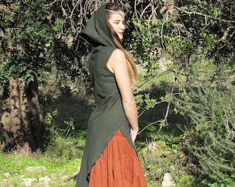 Tunique fée à capuche verte, haut fée à capuche lutin, tunique elfique à capuche, vêtements elfiques, vêtements fée lutin, tunique gitane, tunique bohème